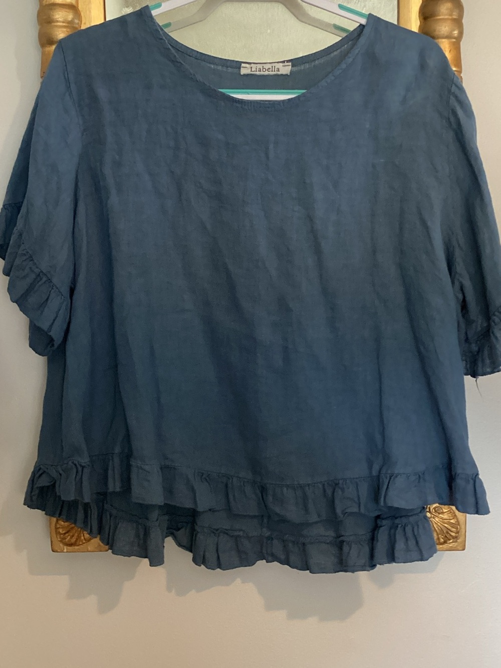 Abella Washed Blue Ruffle Hem Linen Tunic